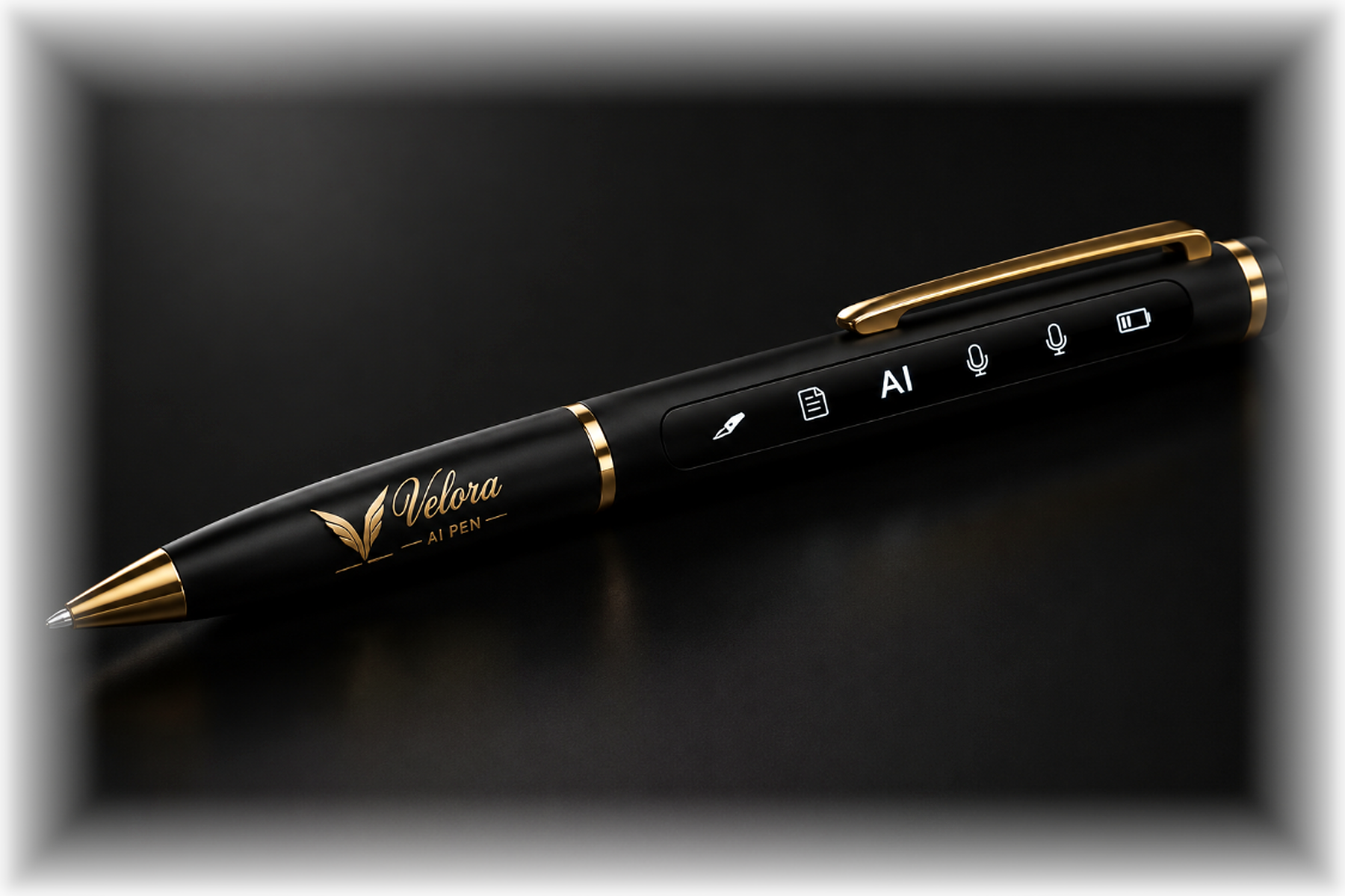 Velora Nova AI pen in matte black with warm gold accents